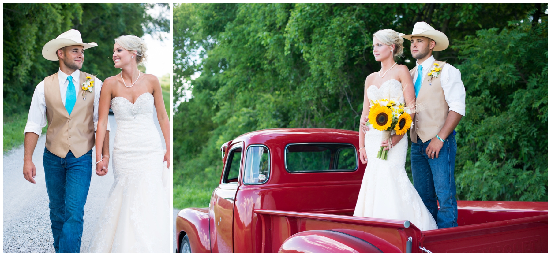 Summer_Country_Wedding_Sunflowers_Red_Chevy_Truck_Red_Barn_Farm_Outdoor_Smoker_Lace_Cowboy_Hat_Country_Wedding_Inspiration_Weston_Missouri