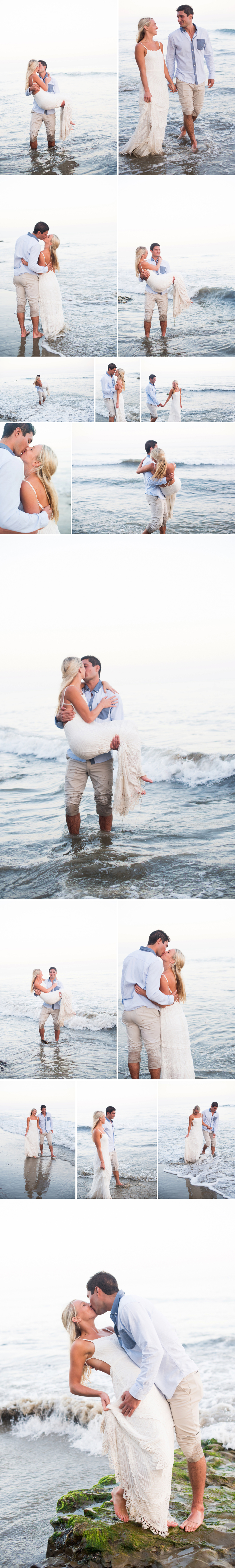 A sunset Northern California beach rehearsal dinner photo session on the cliffs and by the ocean with mossy rocks and bare feet the night before they got married with beach engagement session inspiration