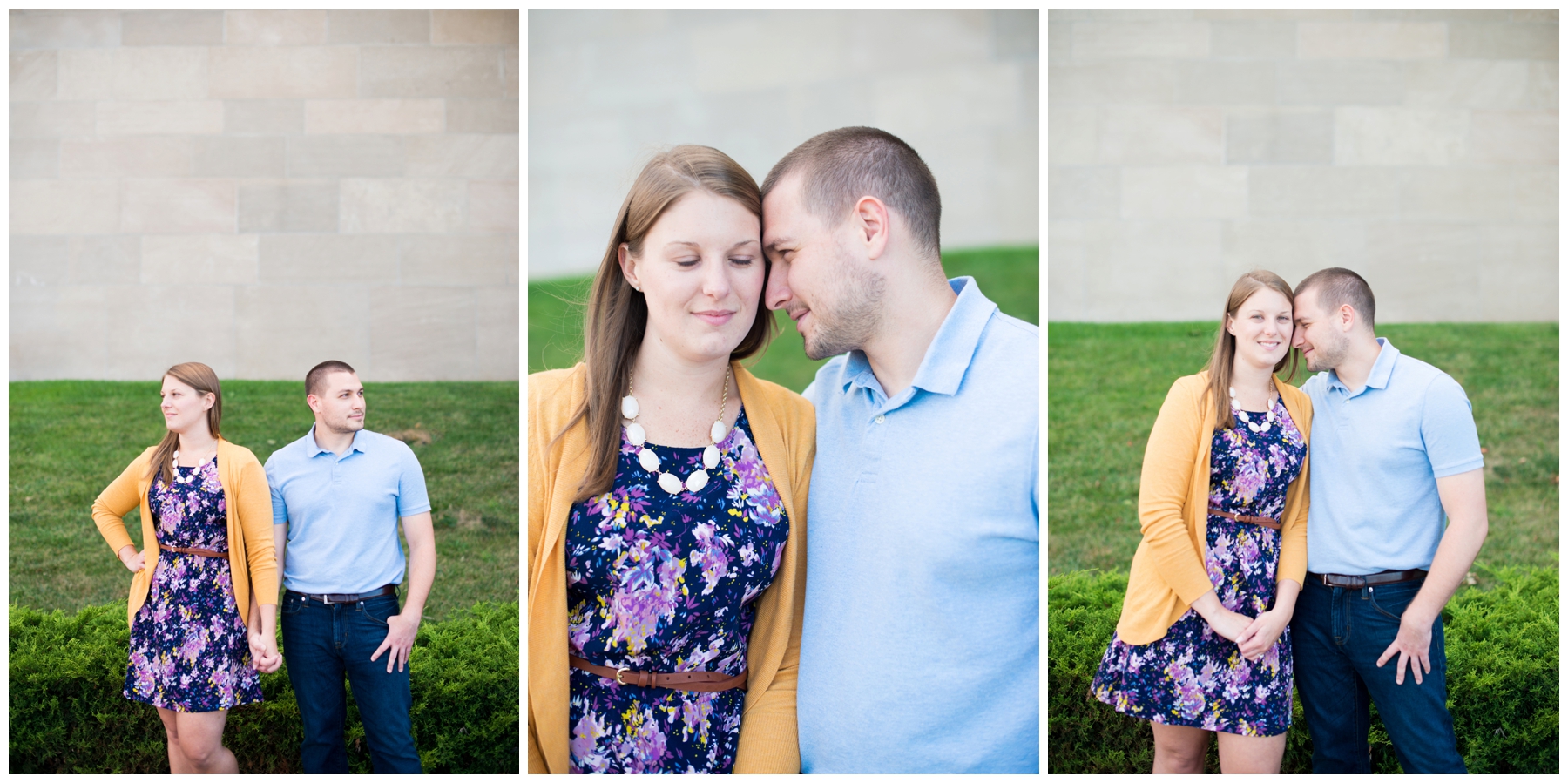 Engagement pictures downtown Kansas City at Liberty Memorial with floral dress and mustard yellow cardigan, fountains and tiled walls with city scape by photographer Lacey Rene Studios
