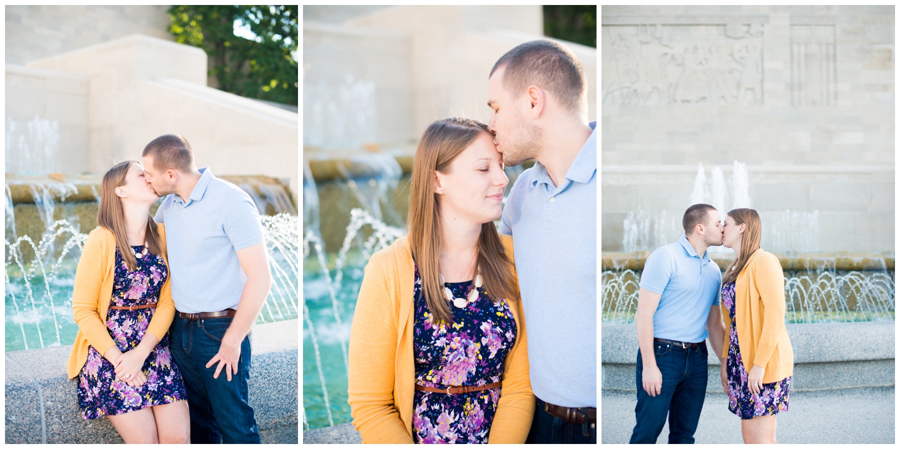 Engagement pictures downtown Kansas City at Liberty Memorial with floral dress and mustard yellow cardigan, fountains and tiled walls with city scape by photographer Lacey Rene Studios by photographer Lacey Rene Studios