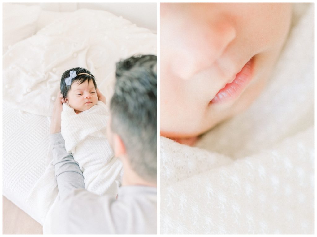 Two photos of a newborn little girl swaddled in a white wrap being held by her dad who is looking down at her in a white studio as well as close up details of her face.
